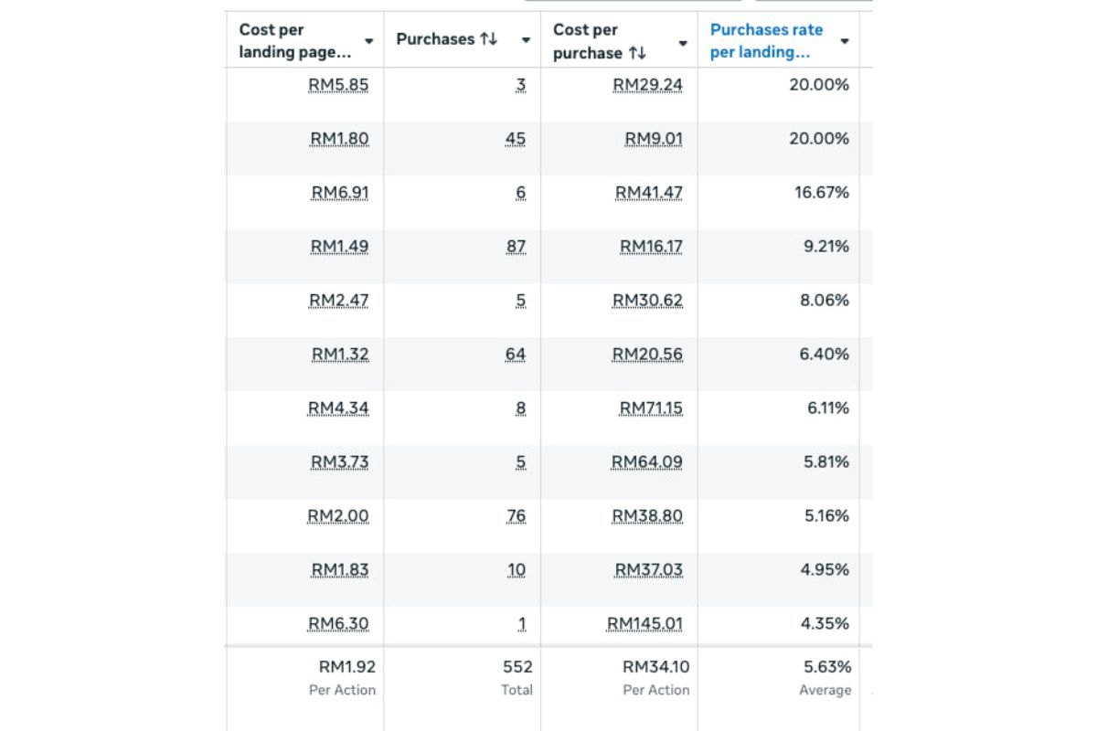 552 purchases, purata purchase rate 5.63% per landing page view